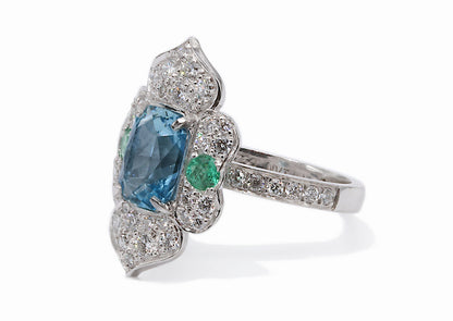 Aquamarine, Emerald and diamond ring R1203